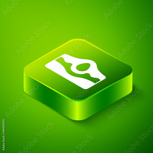 Isometric Acne icon isolated on green background. Inflamed pimple on the skin. The sebum in the clogged pore promotes the growth of a bacteria. Green square button. Vector