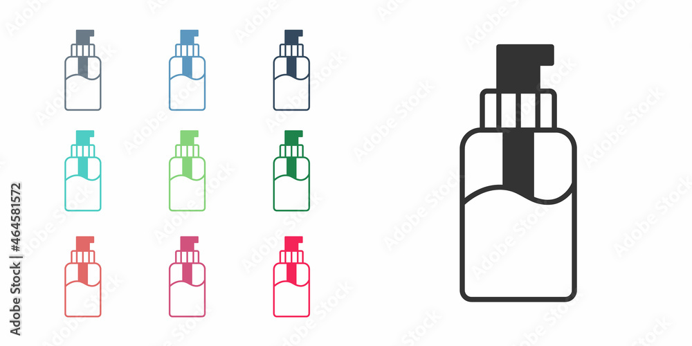 Black Bottle of liquid antibacterial soap with dispenser icon isolated on white background. Disinfection, hygiene, skin care concept. Set icons colorful. Vector Black Bottle of liquid antibacterial soap with dispenser icon isolated on white background. Disinfection, hygiene, skin care concept. Set icons colorful. Vector
