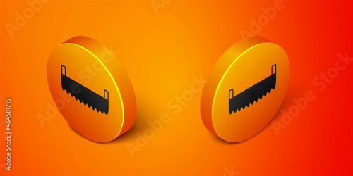 Isometric Two-handed saw icon isolated on orange background. Orange circle button. Vector