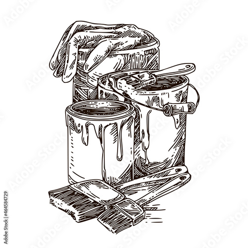 Two cans of paint, a bucket, work gloves and brushes. Sketch. Engraving style. Vector illustration.