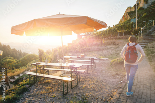 Valokuva Rear view of woman walking at sunset toward Schauenburg Castle in Oberkirch, Bad