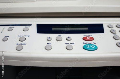Close-up of fax buttons keypad for dialing modern - vintage copy scanner fax machine with focus on the Copy Features buttons set Start Copy, Fax, Clear, Send, Menu, Copies buttons