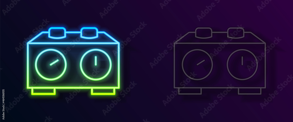 Fototapeta premium Glowing neon line Time chess clock icon isolated on black background. Sport equipment. Vector