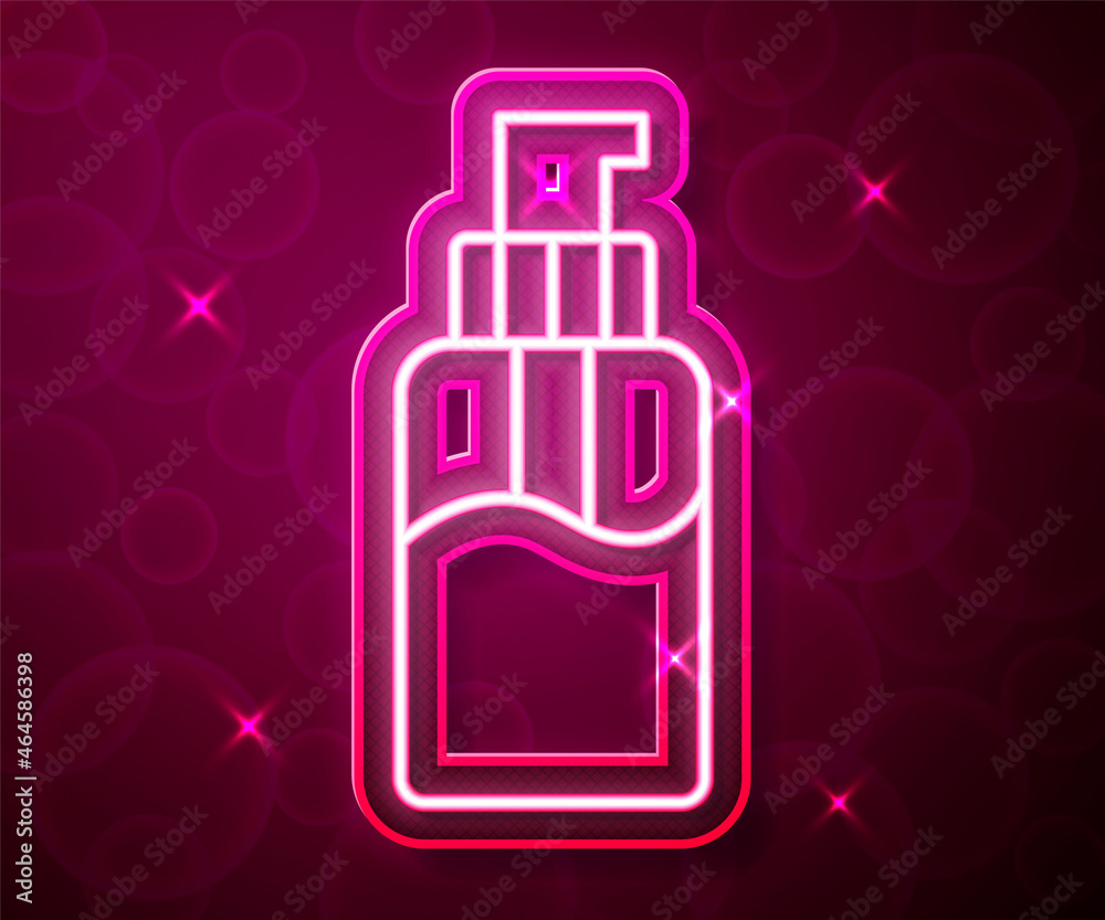 Fototapeta premium Glowing neon line Bottle of liquid antibacterial soap with dispenser icon isolated on red background. Disinfection, hygiene, skin care concept. Vector