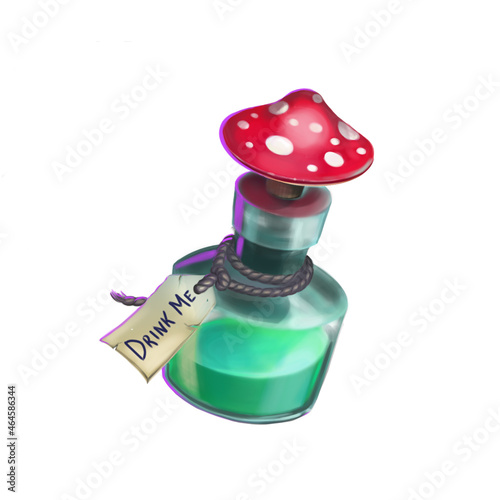 Bottle drink me isolated on white background.  Illustration to the fairy tale Alice's Adventures in Wonderland. Digital graphics.