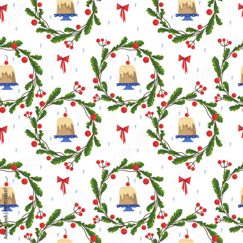 Christmas wreaths with red berries and bows, strudel with cherries. Seamless pattern for the New Year. Christmas illustrations in cartoon childrens style.