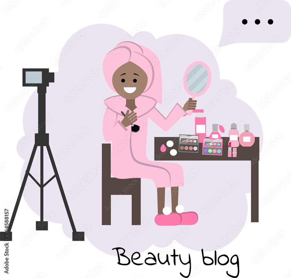 blogger Influencer Young girl talks about makeup. woman recording a video blog talks about how to be beautiful. The blogger talks about beauty treatments for the face. Vloggre broadcasts how to use 