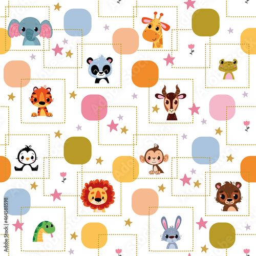 Seamless pattern with cute animals - tiger, lion, monkey, rabbit, elephant, boa constrictor. Character portrait with a smile and multi-colored squares. Vector illustration in cartoon childish style