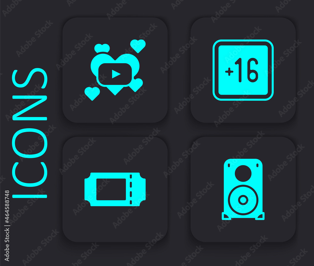 Set Stereo speaker, Romantic movie, Plus 16 and Cinema ticket icon. Black square button. Vector Set Stereo speaker, Romantic movie, Plus 16 and Cinema ticket icon. Black square button. Vector