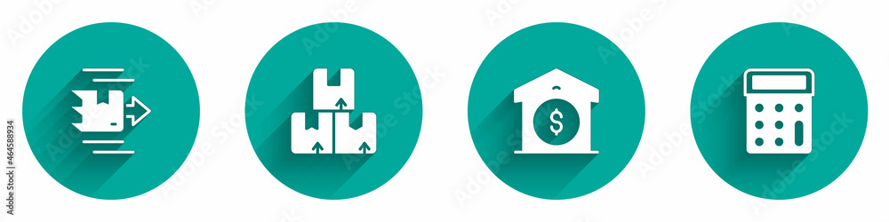 Obraz premium Set Carton cardboard box, Warehouse price and Calculator icon with long shadow. Vector
