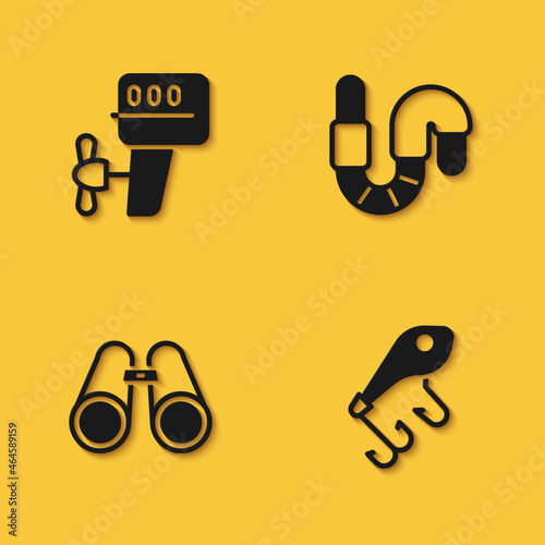 Set Outboard boat motor, Fishing lure, Binoculars and Worm icon with long shadow. Vector