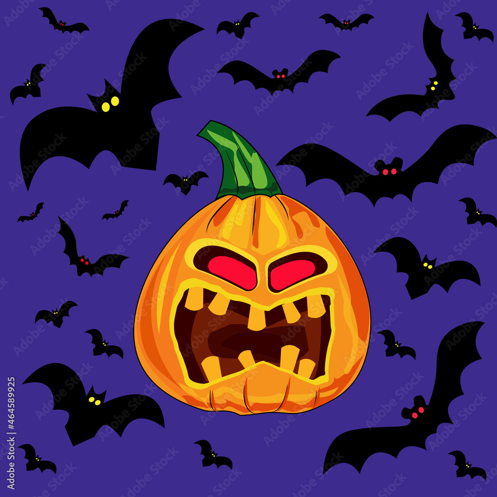 scary pumpkin with red eyes, bats on a lilac background