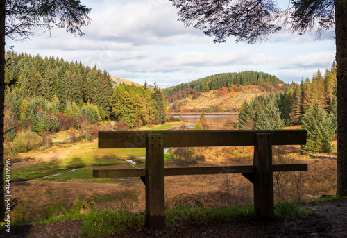 Landscape photography of lake, mountains, forest, autumn, bench, Three Lochs Forest Drive, Scotland