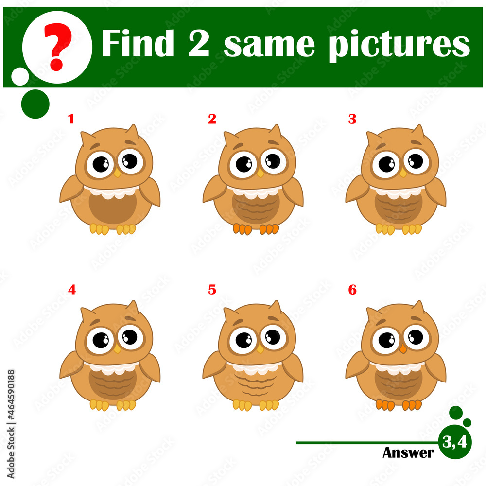 Educational game for children. Find two same pictures. Set of cute owls