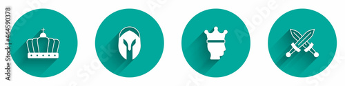 Set King crown, Medieval helmet, and Crossed medieval sword icon with long shadow. Vector