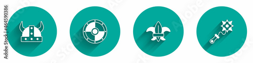 Set Viking in horned helmet, Round shield, Fleur de lys lily flower and Mace with spikes icon with long shadow. Vector