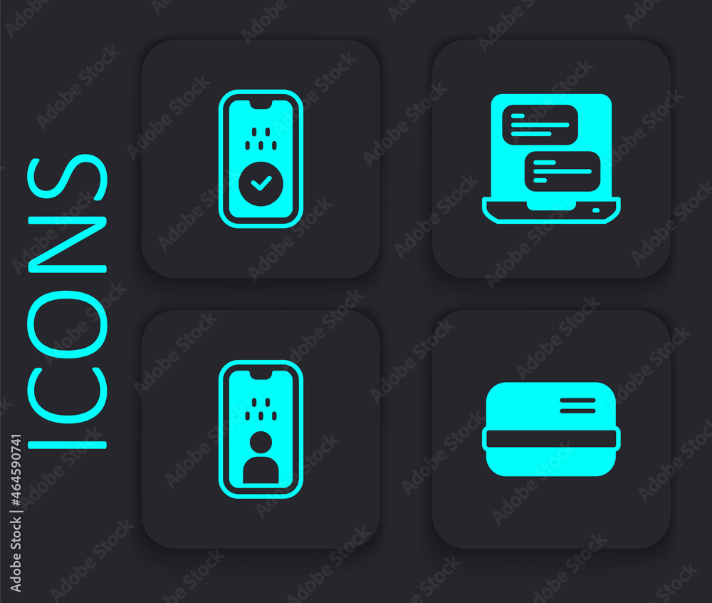 Set Credit card, Taxi mobile app, and driver license icon. Black square button. Vector Set Credit card, Taxi mobile app, and driver license icon. Black square button. Vector