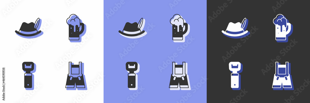 Set Lederhosen, Oktoberfest hat, Bottle opener and Glass of beer icon. Vector Set Lederhosen, Oktoberfest hat, Bottle opener and Glass of beer icon. Vector