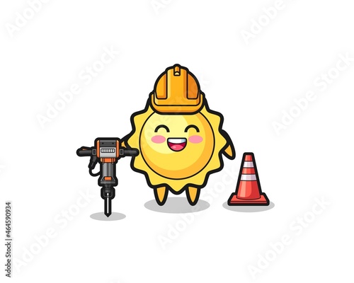 road worker mascot of sun holding drill machine
