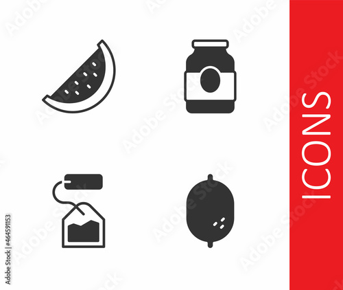 Set Lemon, Watermelon, Tea bag and Jam jar icon. Vector