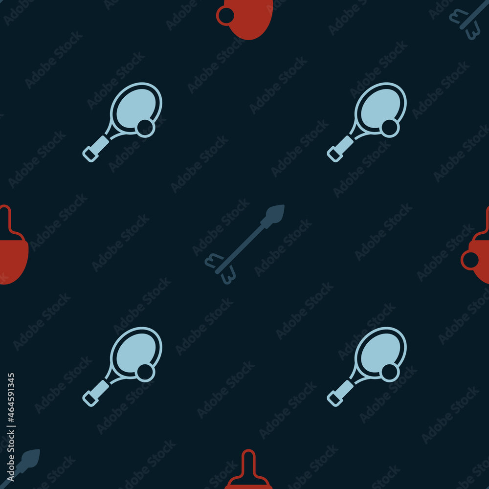 Set Racket, Medieval arrows and Tennis racket with ball on seamless pattern. Vector