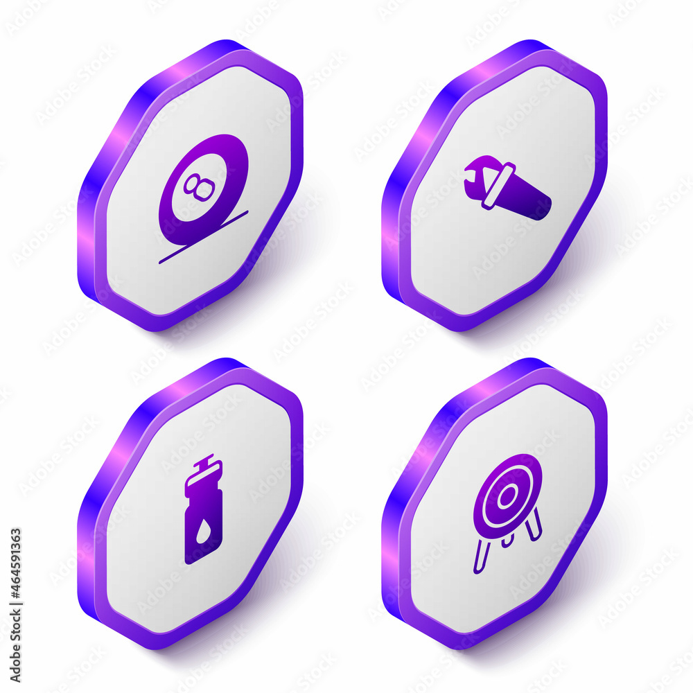 Set Isometric Billiard pool snooker ball, Torch flame, Fitness shaker and Target sport icon. Purple hexagon button. Vector