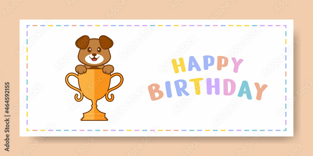 Happy Birthday banner with Cute dog cartoon character. Vector Illustration