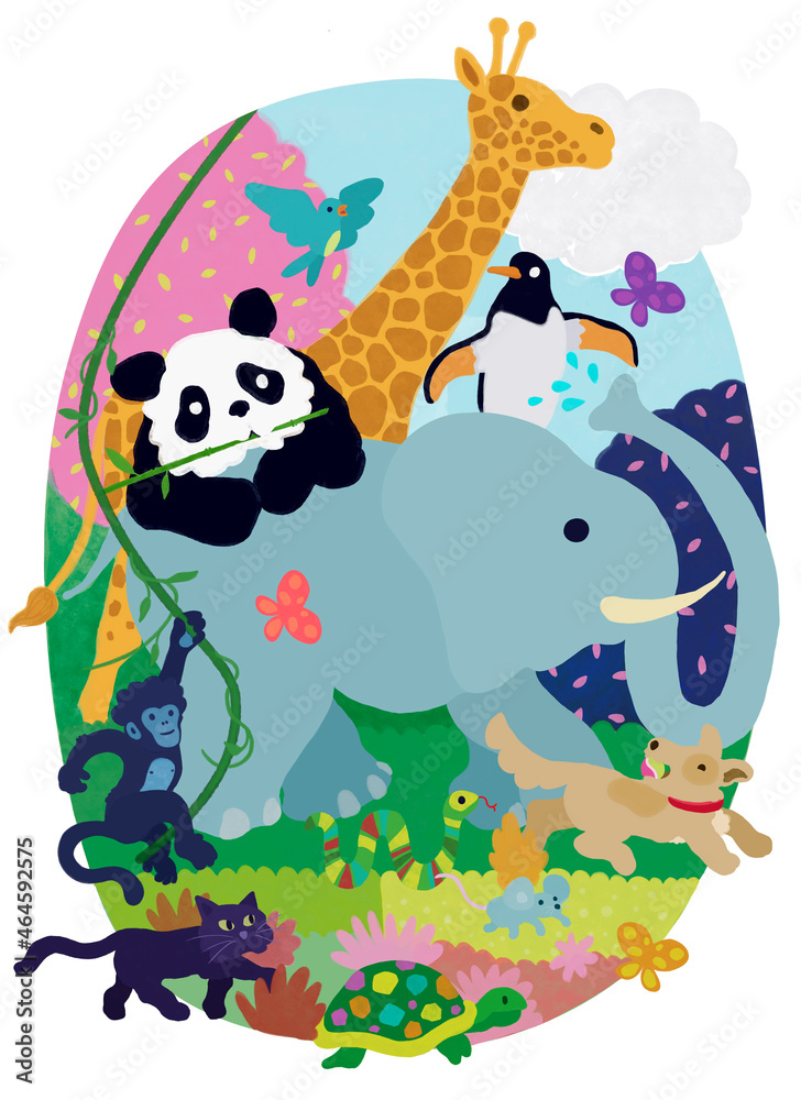 Joyful illustration of different kind of animals going together through a jungle