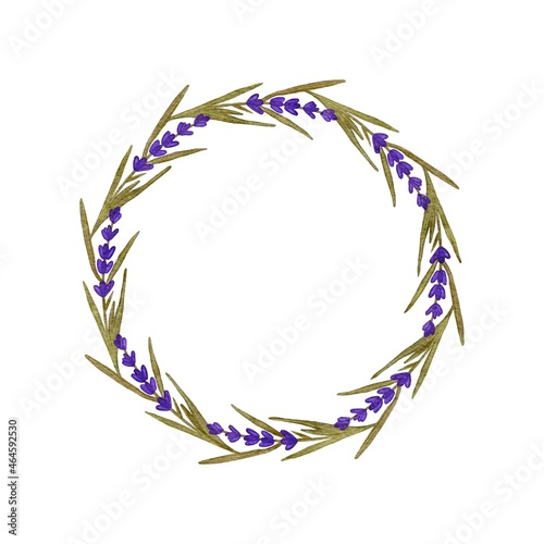 Beautiful gouache wreath of lavender flowers with place for text. Floral round frame on a white background for invitation cards, prints, textiles. © Valentyna Shpak