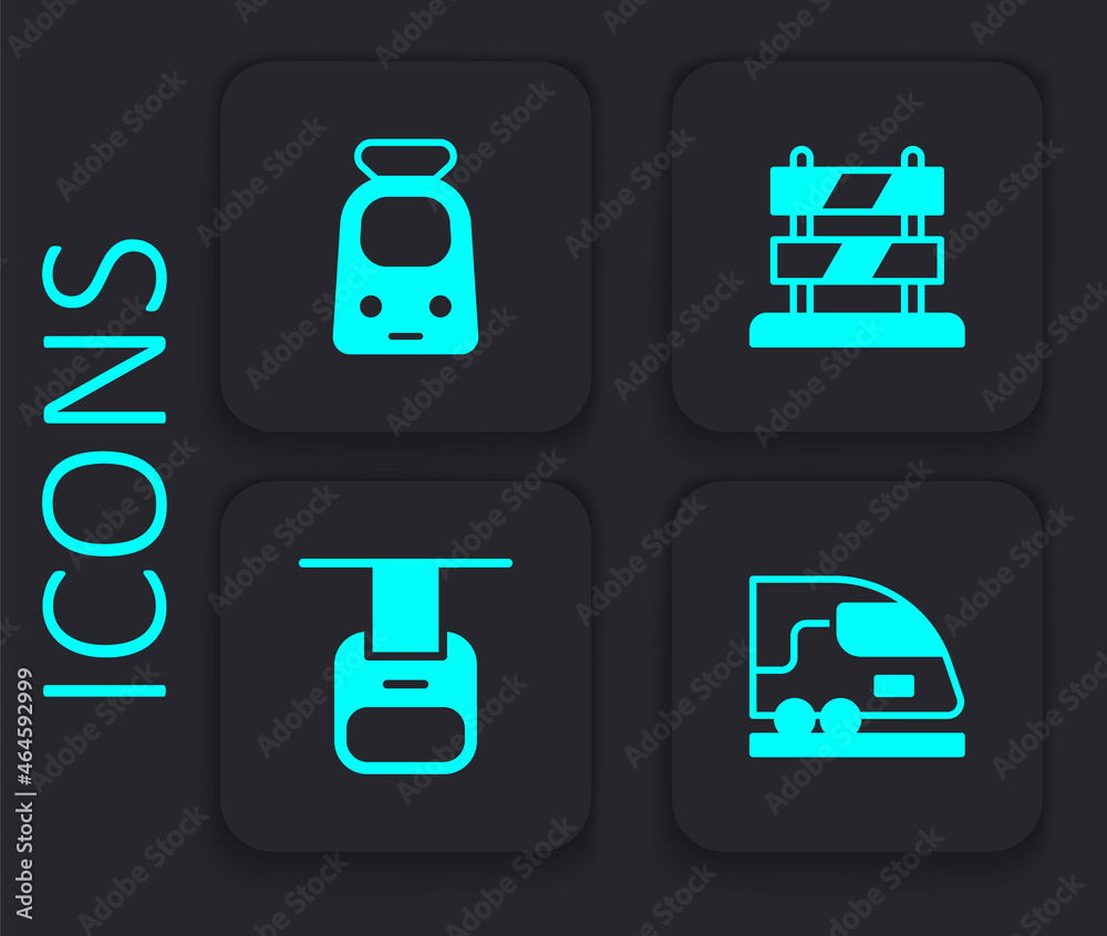 Set High-speed train, Train and railway, End of tracks and Cable car icon. Black square button. Vector