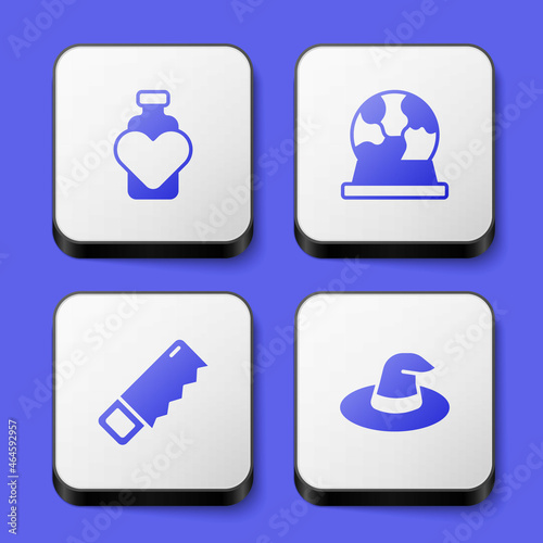 Set Bottle with love potion, Magic ball, Hand saw and Witch hat icon. White square button. Vector