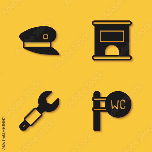 Set Train driver hat, Toilet, Wrench spanner and Ticket office to buy tickets icon with long shadow. Vector