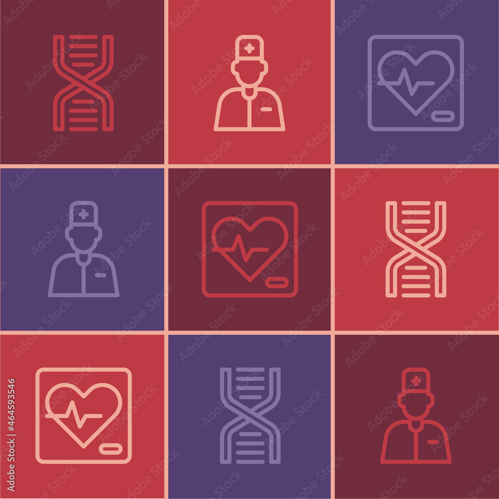 Set line DNA symbol, Heart rate and Male doctor icon. Vector