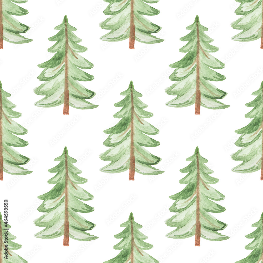 Seamless pattern with hand-drawn watercolor green Christmas tree on white background. Print for textiles, postcards, etc.