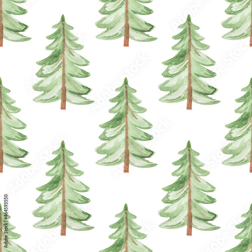 Seamless pattern with hand-drawn watercolor green Christmas tree on white background. Print for textiles, postcards, etc.