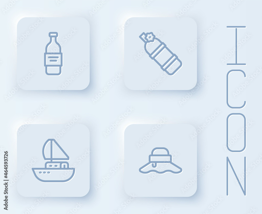 Set line Bottle of vodka, Aqualung, Yacht sailboat and Fisherman hat. White square button. Vector Set line Bottle of vodka, Aqualung, Yacht sailboat and Fisherman hat. White square button. Vector