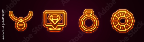 Set line Locket on necklace, Diamond, engagement ring and . Glowing neon icon. Vector