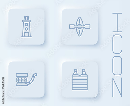 Set line Lighthouse, Kayak and paddle, Marine bollard with rope and Striped sailor t-shirt. White square button. Vector