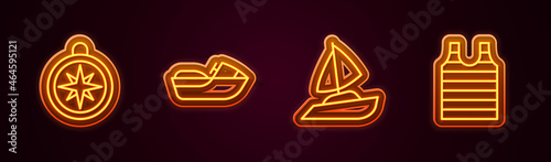 Set line Compass, Jet ski, Yacht sailboat and Striped sailor t-shirt. Glowing neon icon. Vector