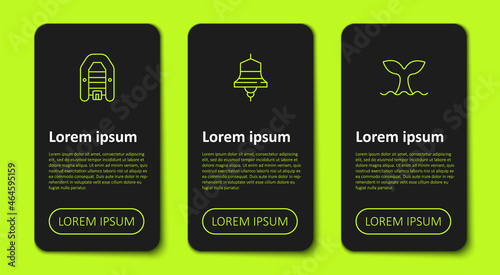 Set line Inflatable boat with motor, Ship bell and Whale tail. Business infographic template. Vector