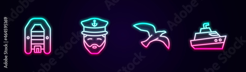 Set line Inflatable boat with motor, Captain of ship, Bird seagull and Speedboat. Glowing neon icon. Vector