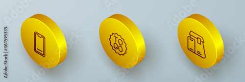 Set Isometric line Food ordering on mobile, Coffee cup to go and Online food icon. Vector