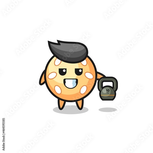 sesame ball mascot lifting kettlebell in the gym