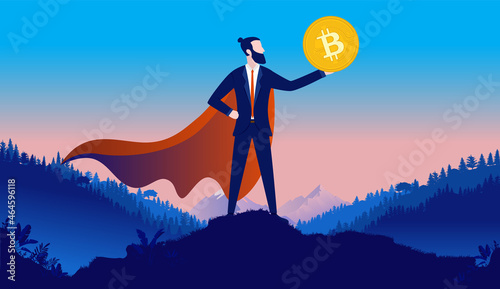 Superhero holding Bitcoin - Businessman with cape holding cryptocurrency coin in hand, being a proud great investor. Vector illustration