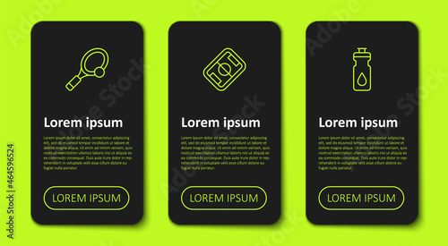 Set line Tennis racket with ball, Football field and Fitness shaker. Business infographic template. Vector