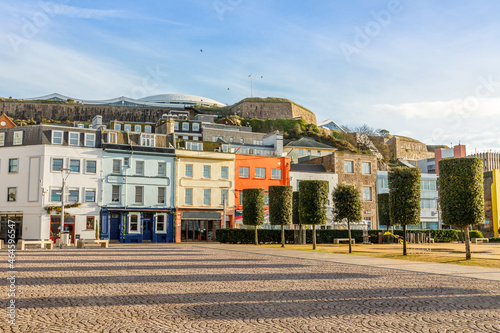 Saint Helier central square with fort Regent int the background, bailiwick of Jersey, Channel Islands photo