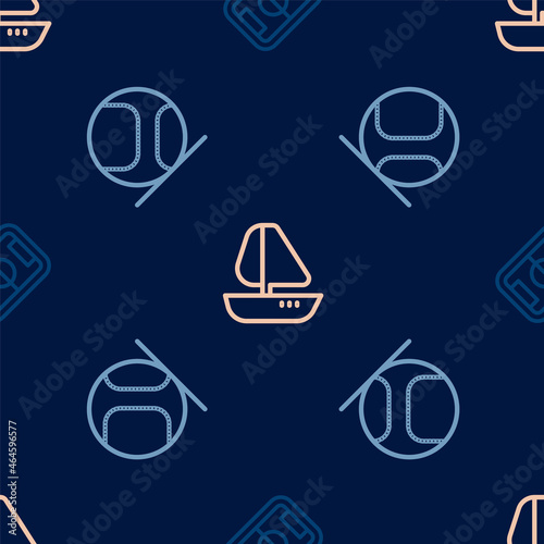 Set line Football field, Baseball and Yacht sailboat on seamless pattern. Vector