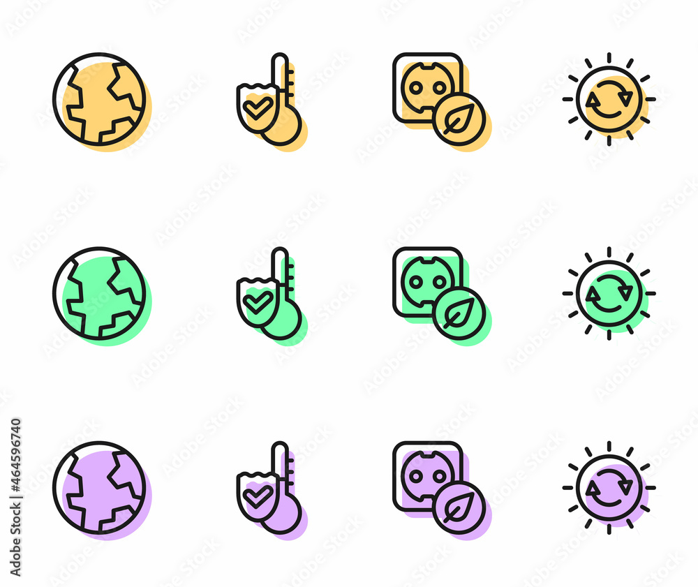 Set line Electrical outlet, Earth globe, Thermometer and Solar energy panel icon. Vector