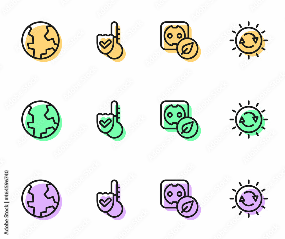 Set line Electrical outlet, Earth globe, Thermometer and Solar energy panel icon. Vector Set line Electrical outlet, Earth globe, Thermometer and Solar energy panel icon. Vector