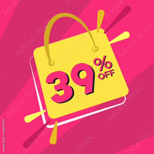 39 percent discount. Pink banner with floating bag for promotions and offers